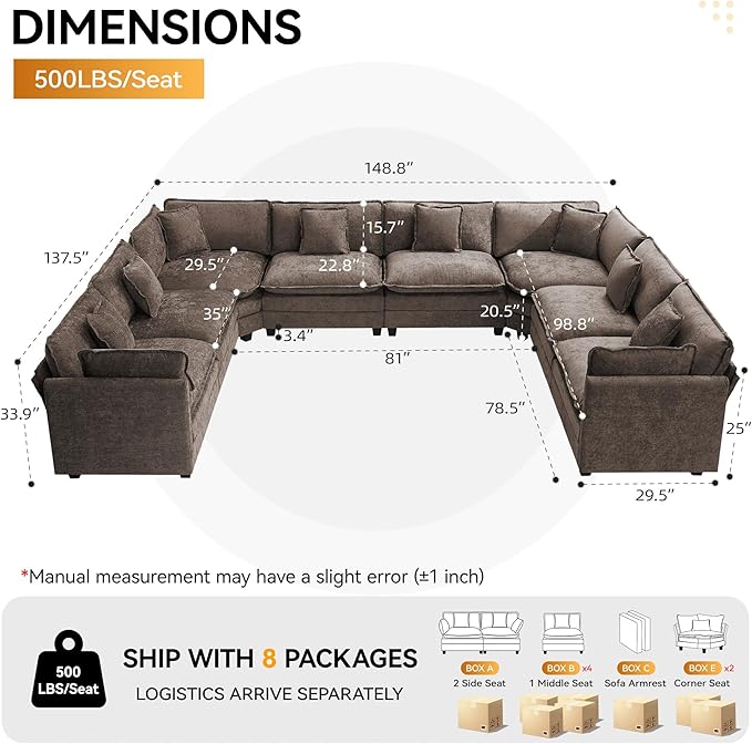 147'' Oversized U Shaped Cloud Sectional Sofa, Chenille Deep Seat Couches