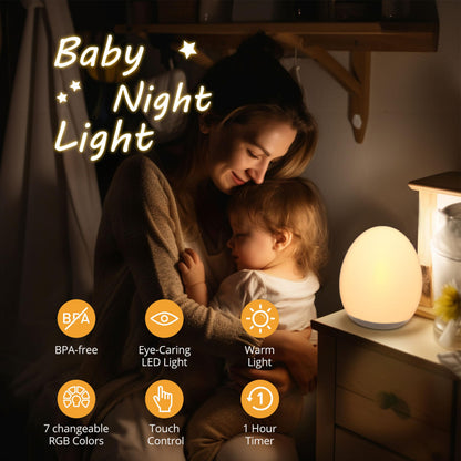 JolyWell Night Light for Kids, Egg Light for Nursery with 7 Changeable RGB Colours & Stepless Dimming, Rechargeable Tap Light with a 1-Hour Timer & Touch Control, Portable Baby Night Light, BPA Free