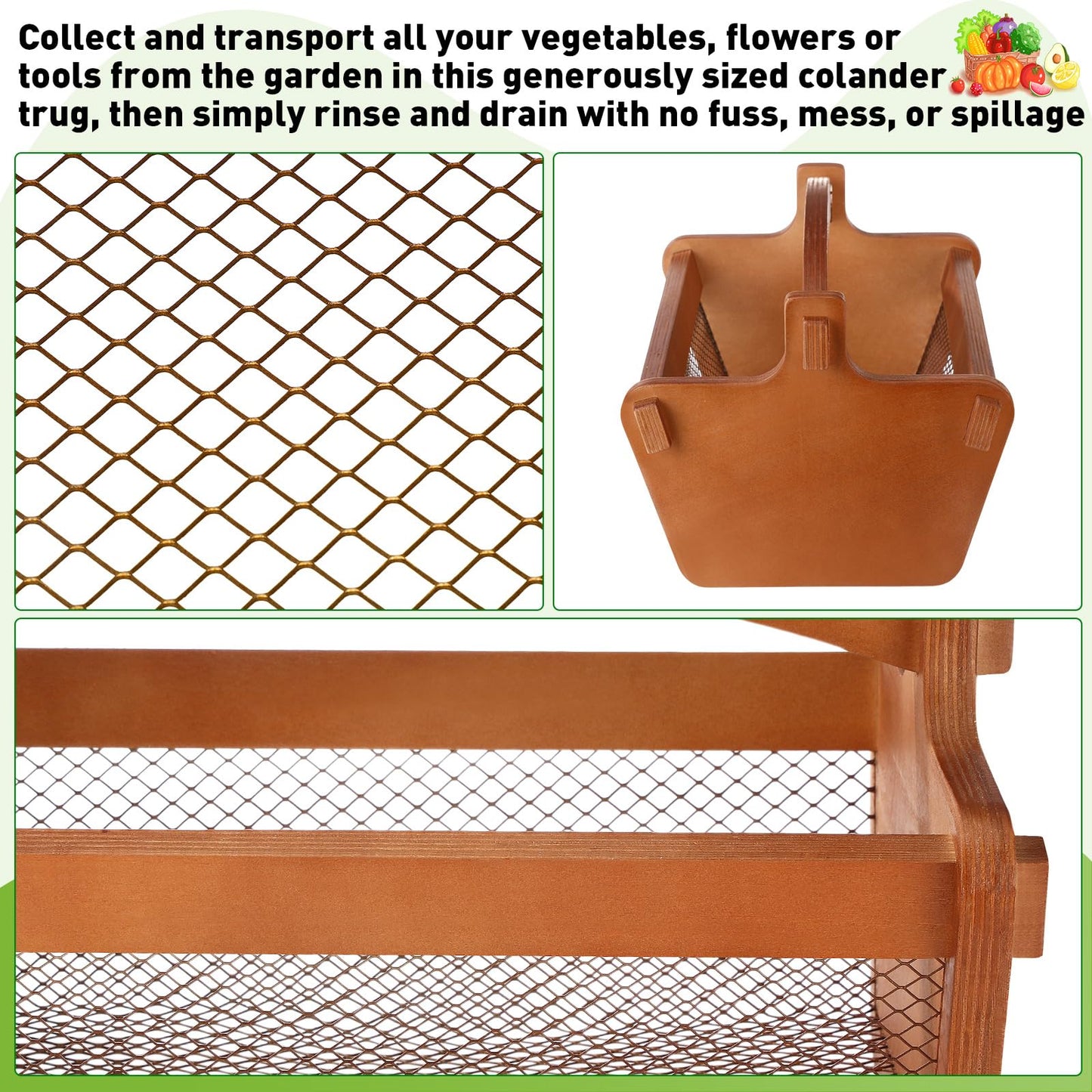 Teenyyou Garden Harvest Basket Mesh Storage with Handle Versatile Gardening Fruits Vegetables Gathering Basket Garden Supply Gardener Gift Spring for Washing Holding(Brown,13.4in)