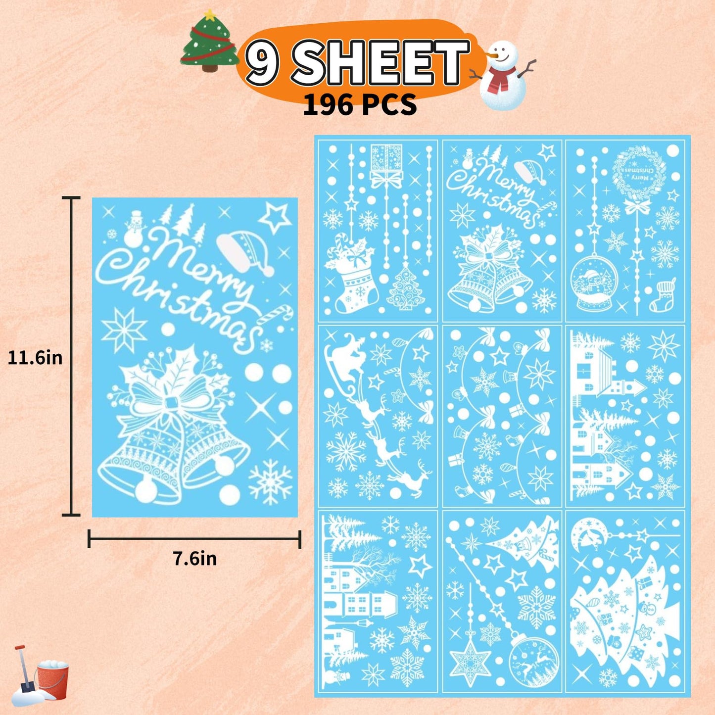 Christmas Window Clings, White Snowflake Tree Pattern PVC Static Decals Indoor Glass Decorations, 9 Sheets, 133 Pcs Xmas Window Clings Decals