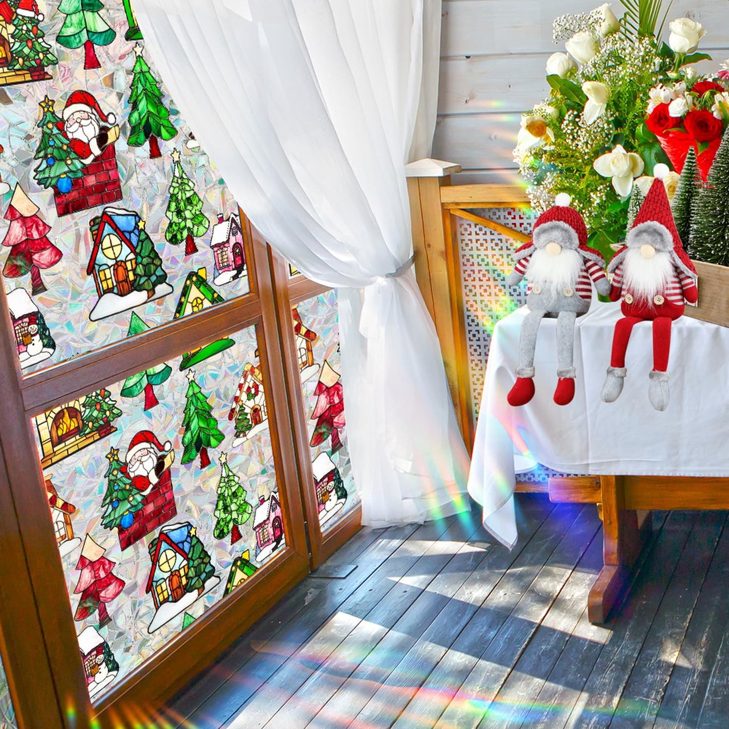 Christmas Tree Window Privacy Film Stained Glass Stickers Christmas Santa Claus Privacy Rainbow Decals Living Room Sun Blocking Decor Xmas Static Cling Stickers for Party Decor 17x 39.3 Inch