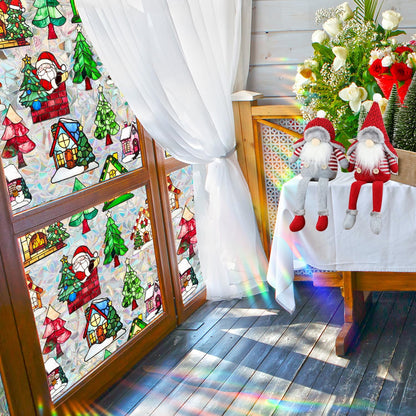 Christmas Tree Window Privacy Film Stained Glass Stickers Christmas Santa Claus Privacy Rainbow Decals Living Room Sun Blocking Decor Xmas Static Cling Stickers for Party Decor 17x 39.3 Inch