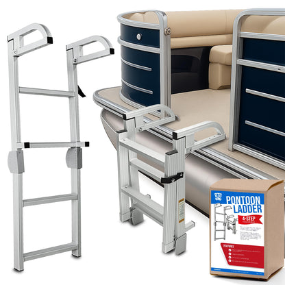 BTG Gear 4-Step Marine Grade Aluminum Pontoon Boat Folding Ladder removable, w/ Quick Release Clips for Boarding, extends up to 42"