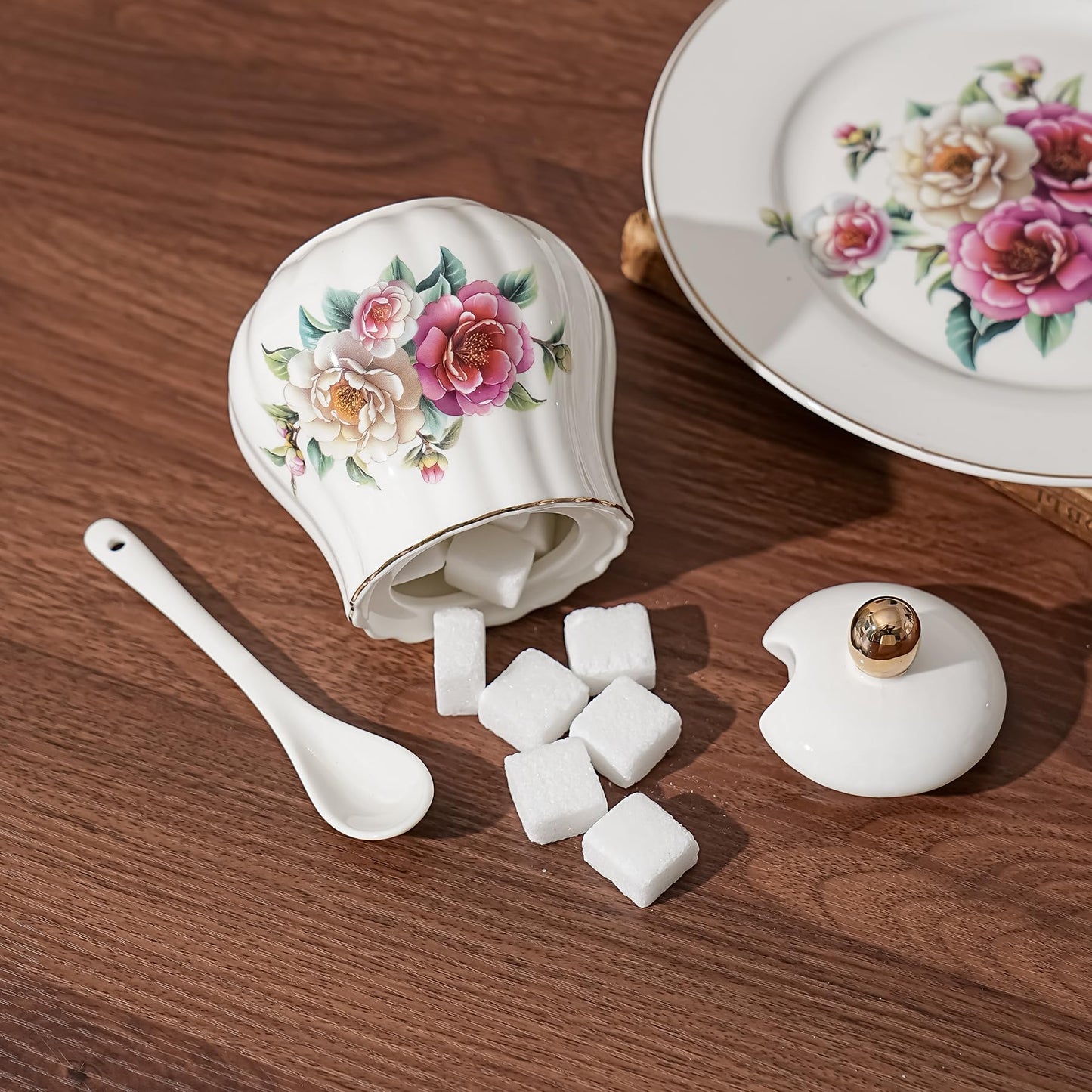 Cozierlavie Sugar Bowl with Lid and Spoon, 10.1oz Ceramic Sugar Jar for Salt，Coffee Bar, Home, Kitchen (Camellia)