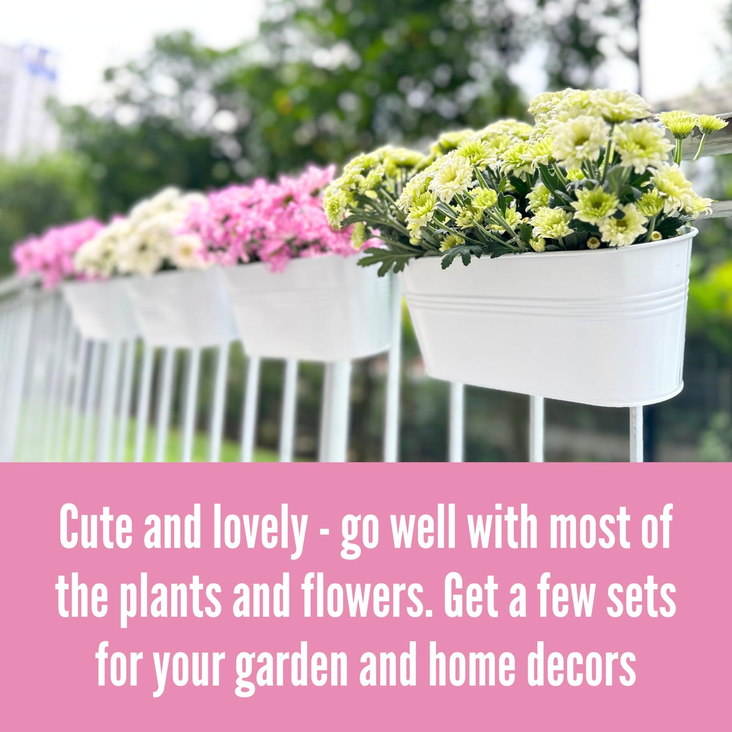 LaLaGreen 11.8 Inch Rail Planter (8-PIECE Combo Set) White Metal Railing Fence Hanging Planters for Outdoor Plants, Modern Balcony Gardening for Apartment Garden Style Iron Patio Flower Pots Deck