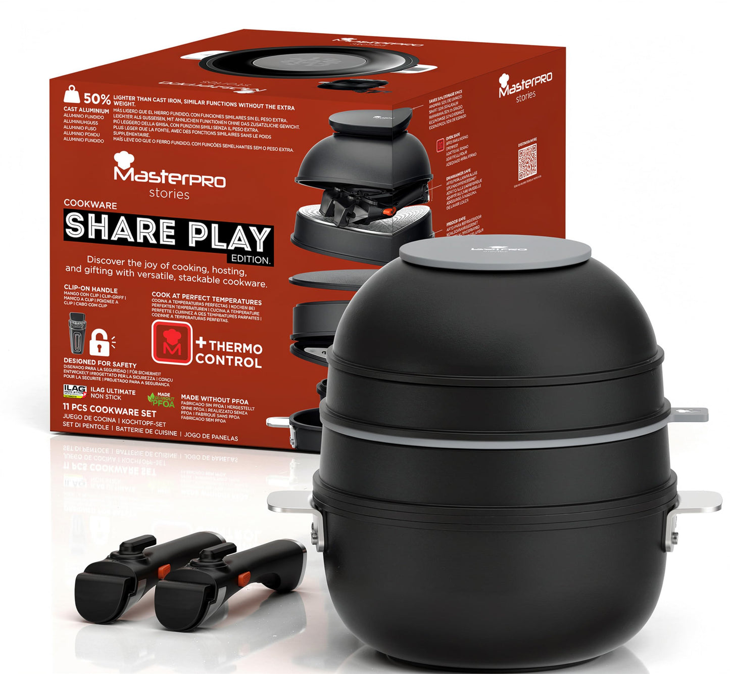 Bergner 11-Piece Non-Stick Cookware Set with Detachable Handles - Stackable Die-Cast Aluminum Pots and Pans Set, Induction Compatible, Space-Saving Kitchen Cookware, Black
