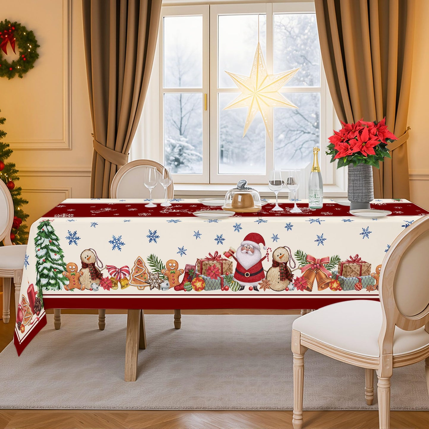Hexagram Christmas Tablecloths 52 x 70 Inch, Christmas Table Cloth, Oblong Snowman Tablecloth Winter Xmas Santa Tablecloths for Kitchen Dining Decor