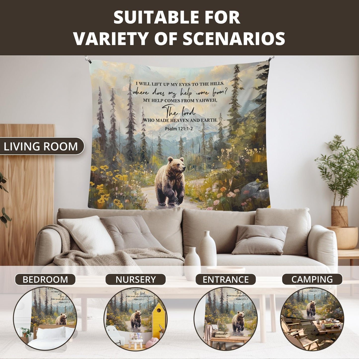 WAITPI Christian Woodland Mountain Hanging Wall Tapestry for Bedroom, Farmhouse Bear Forest Psalm 121:1-2 Bible Verse Scripture Wall Hanging Decor Tapestry for Home Living Room, 50x60in