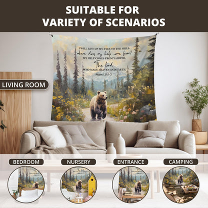 WAITPI Christian Woodland Mountain Hanging Wall Tapestry for Bedroom, Farmhouse Bear Forest Psalm 121:1-2 Bible Verse Scripture Wall Hanging Decor Tapestry for Home Living Room, 50x60in