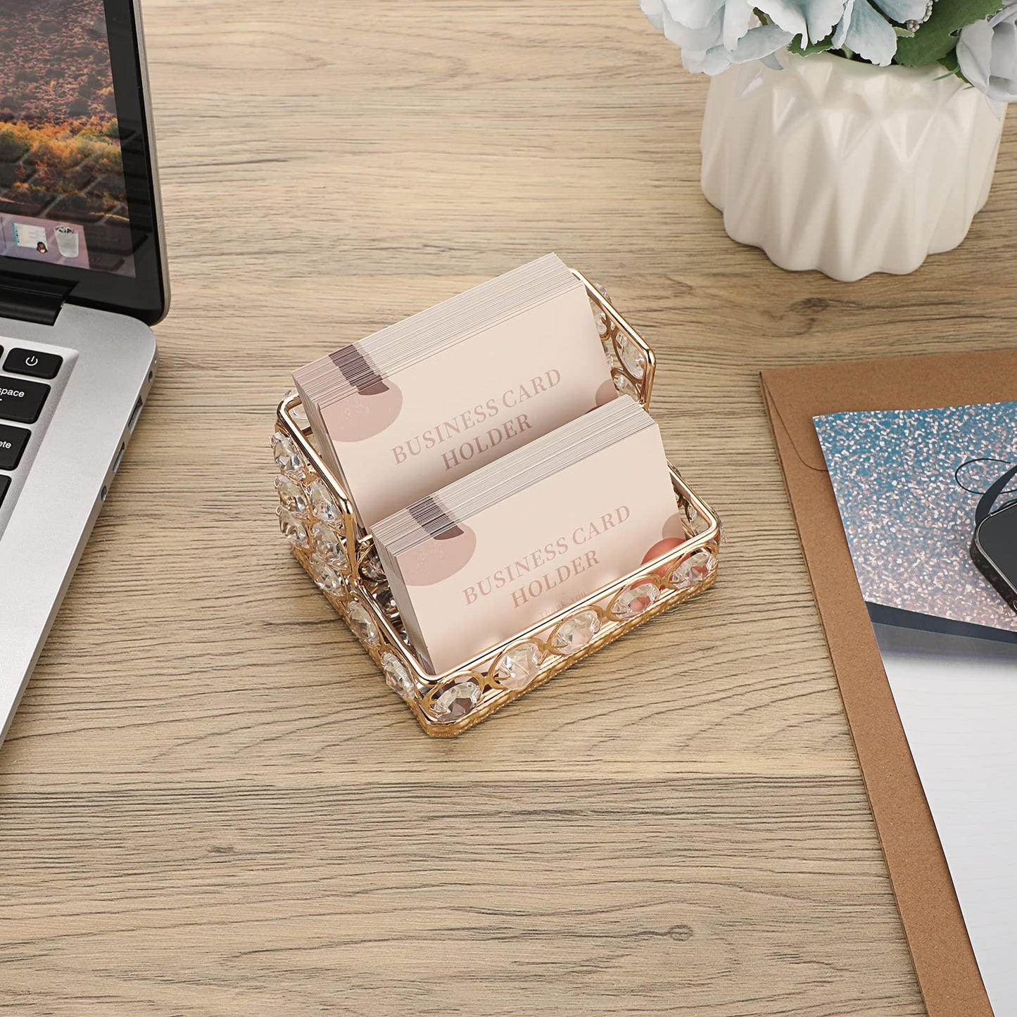 Hipiwe 2 Tiers Crystal Business Card Holder Stand Gold Mirrored Business Card Display Stand Organizer Desktop Business Card Storage Holder for Office Countertop