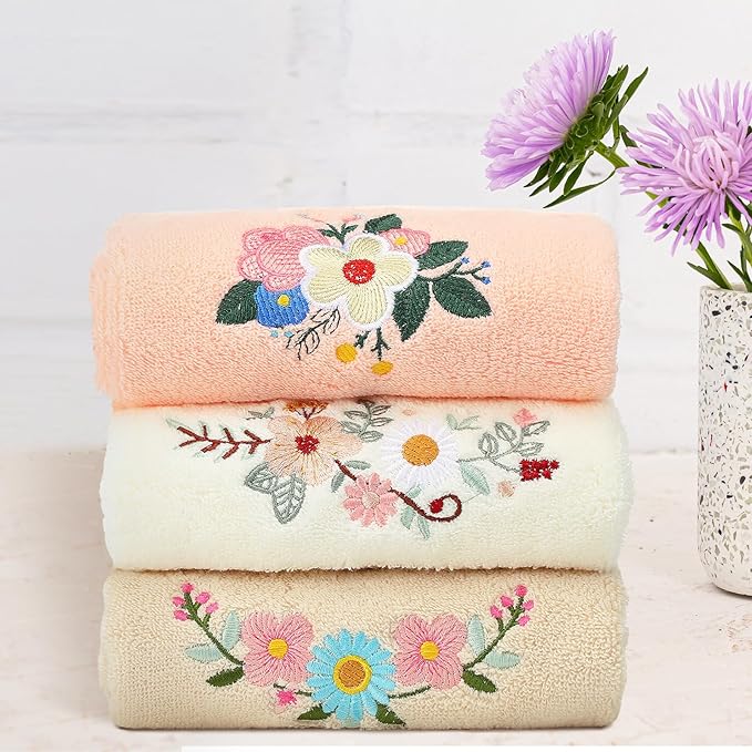3 Pcs Boho Flowers Hand Towels Embroidered Modern Flowers Bathroom Decor 14x29