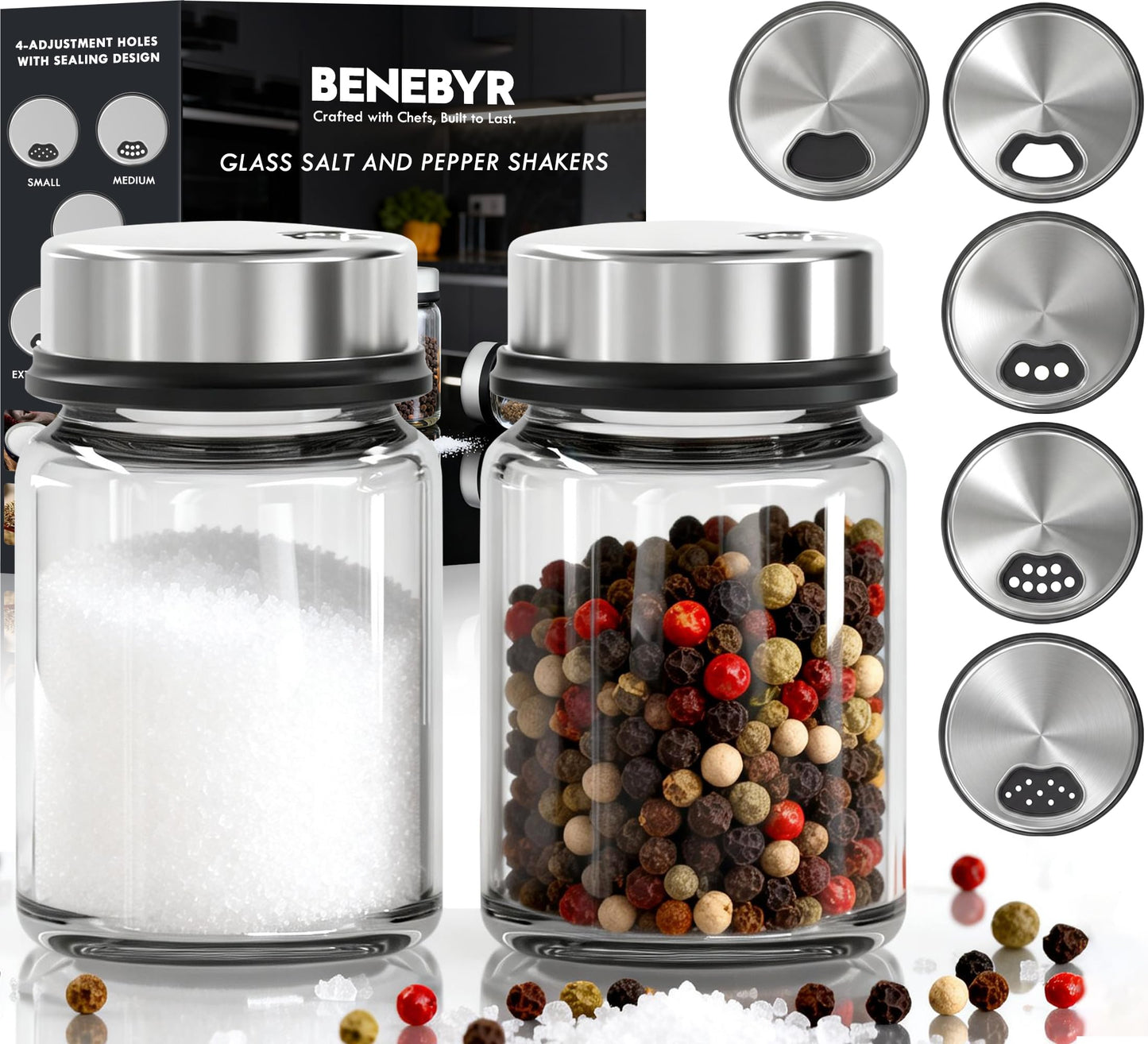Shatterproof Glass Salt and Pepper Shakers Set Leak & Moisture Proof - 4 Adjustable Holes Precision Control - 5oz Borosilicate Glass Sugar & Spice Jars with Stainless Lid, Wide-Mouth, Dishwasher Safe