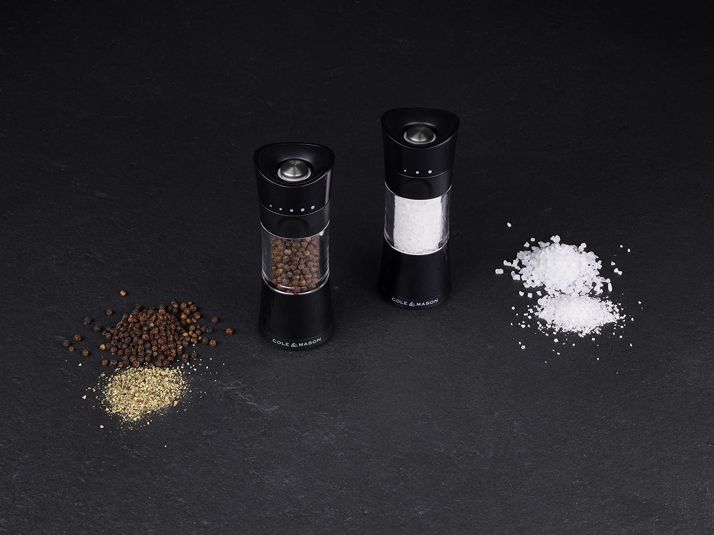 Cole & Mason Harrogate Black Salt and Pepper Grinder Set, Adjustable Ceramic Mechanism, Inverta, ABS Plastic, 154 mm, Gift Set, Includes 2 x Salt and Pepper Mills
