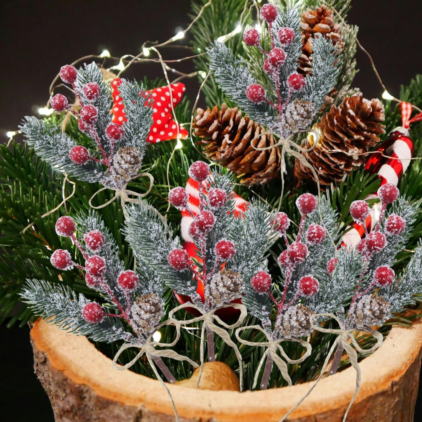 Christmas Floral Picks and Sprays, Pine Cones for Crafts, 20 Pack 8 Inch Christmas Flowers Picks, Red Berry Stems, Artificial Greenery for Holiday Wreaths, Garlands, Crafts, Gift Wrap (20)