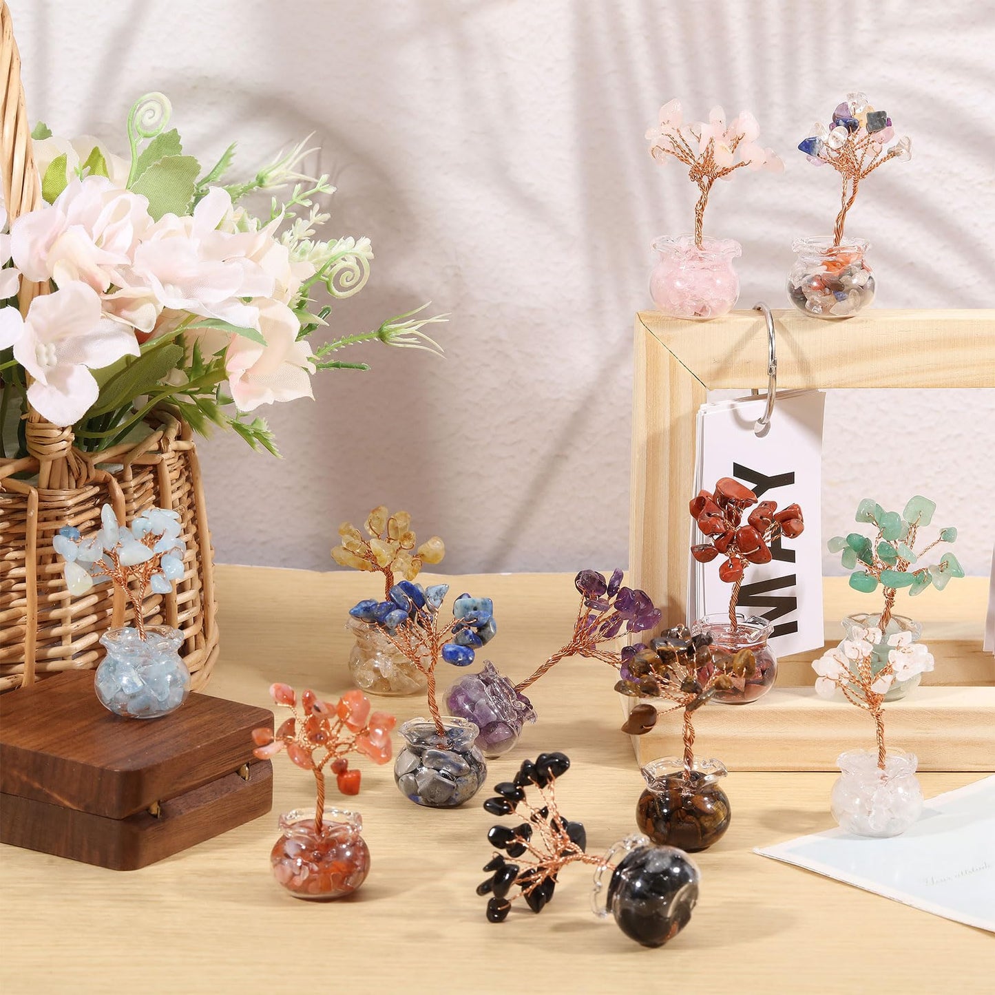 GLOBLELAND 12 Pcs Crystal Tree Set Tree of Life with Gemstones Crystals and Stones for Office Desk Home Shelf Decoration for Positive Good Luck Birthday Gifts for Mom Love Ones