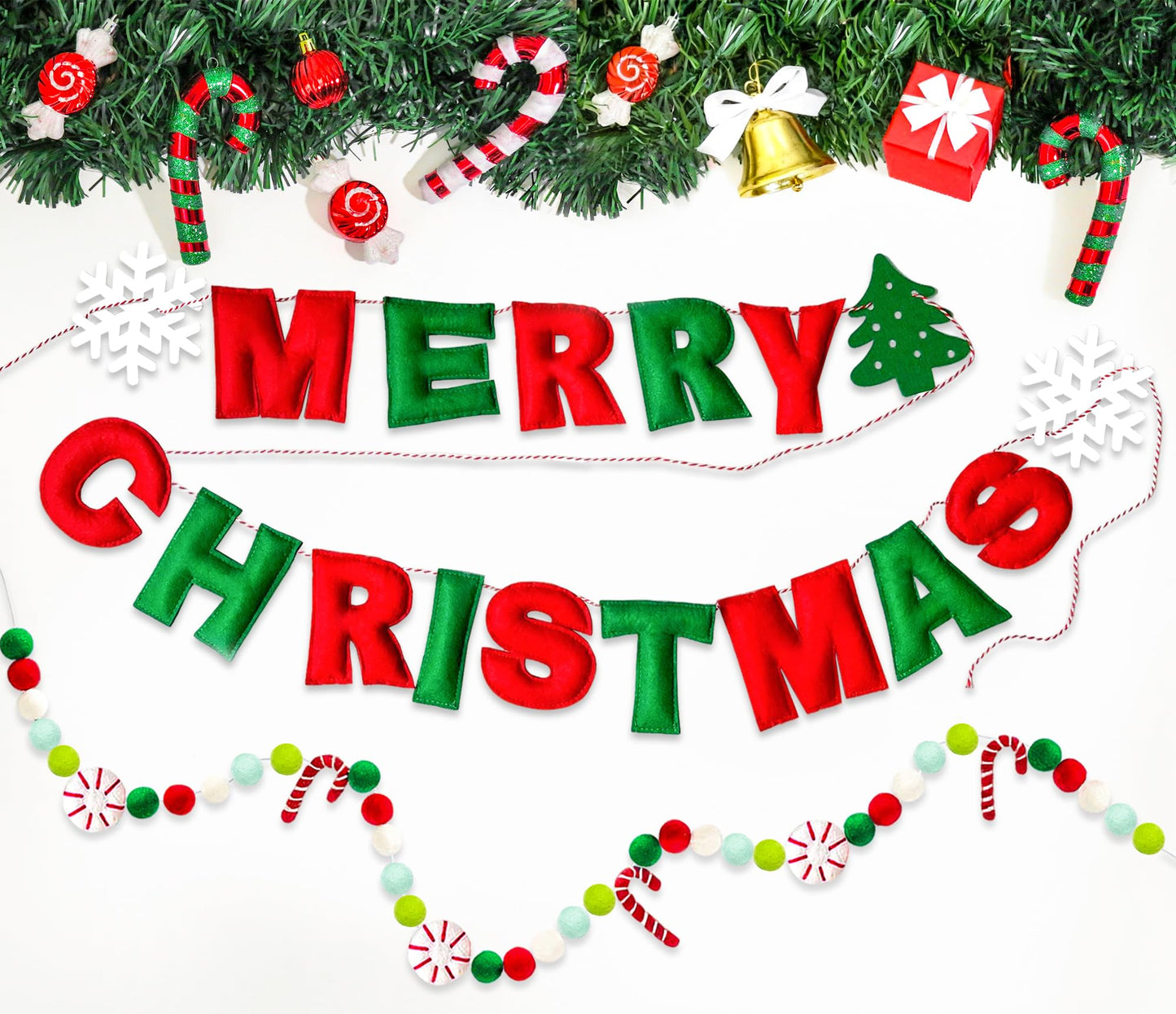 Unique Merry Christmas Felt Banner with Peppermints Candy Cane, Handmade Felt Ball Christmas Garland,Holiday Party Supplies for Xmas Tree Wreath Mantel Fireplace Wall Home Modern Christmas Decorations
