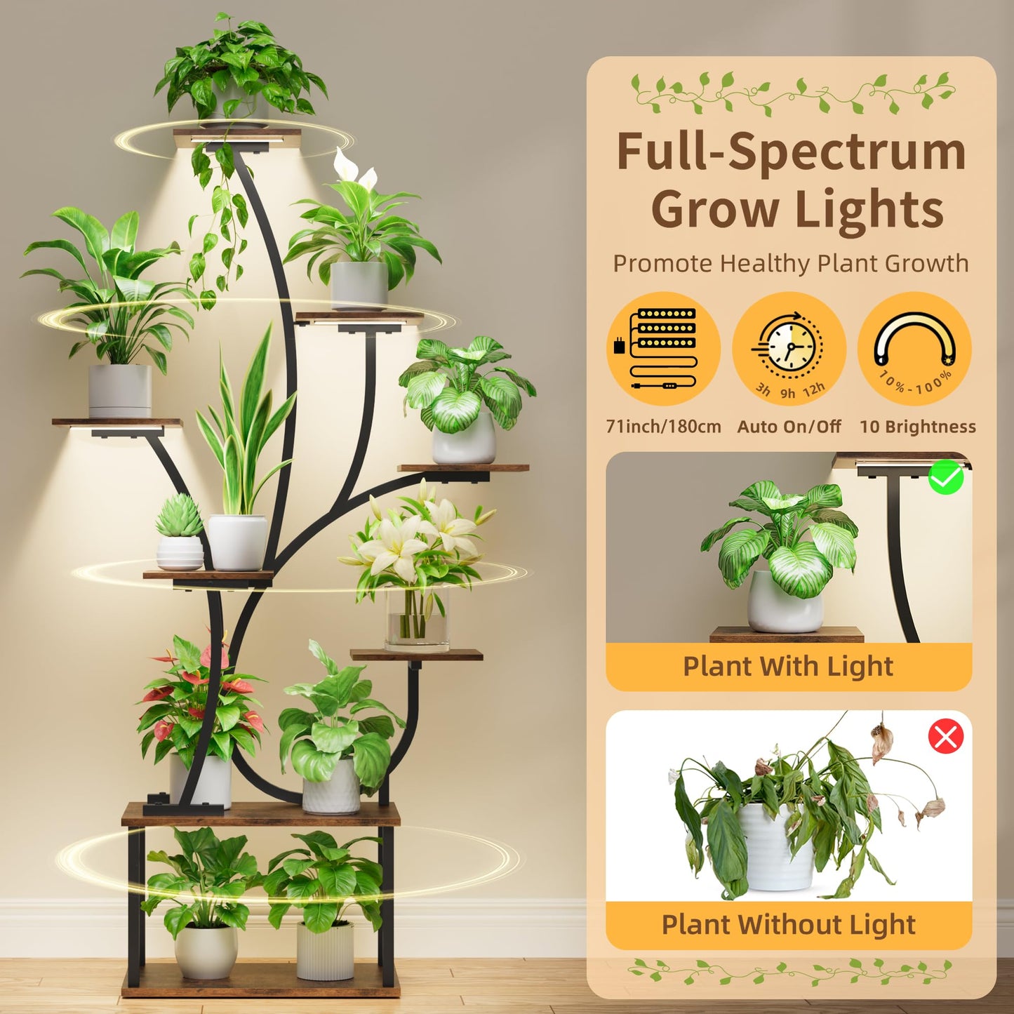 Plant Stand Indoor with Grow Lights - Lighted Plant Shelf Indoor, 63" Tall Plant Stands for Indoor Growing, 8 Tier Corner Flower Display Shelf, Large Tree-Shaped Holder for Living Room Bedroom Black