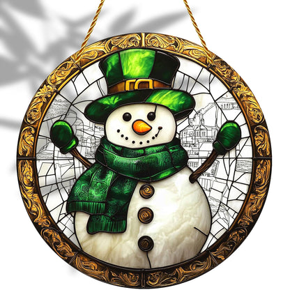 8x8 inch Charming Christmas Snowman Acrylic Stained Glass Window Hanging Sun Catcher Decor Stained Panel Hangings Wall Art Decor, for Friends and Family (Snowman)
