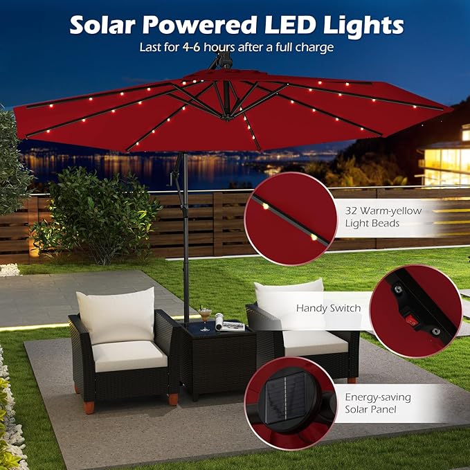 Tangkula 10ft Solar LED Patio Umbrella with Base, Offset Cantilever Outdoor Umbrella with 32 LED Lights, Infinite Tilt, 360 Degree Rotation, Crank Handle for Pool Deck Garden Backyard (Wine)