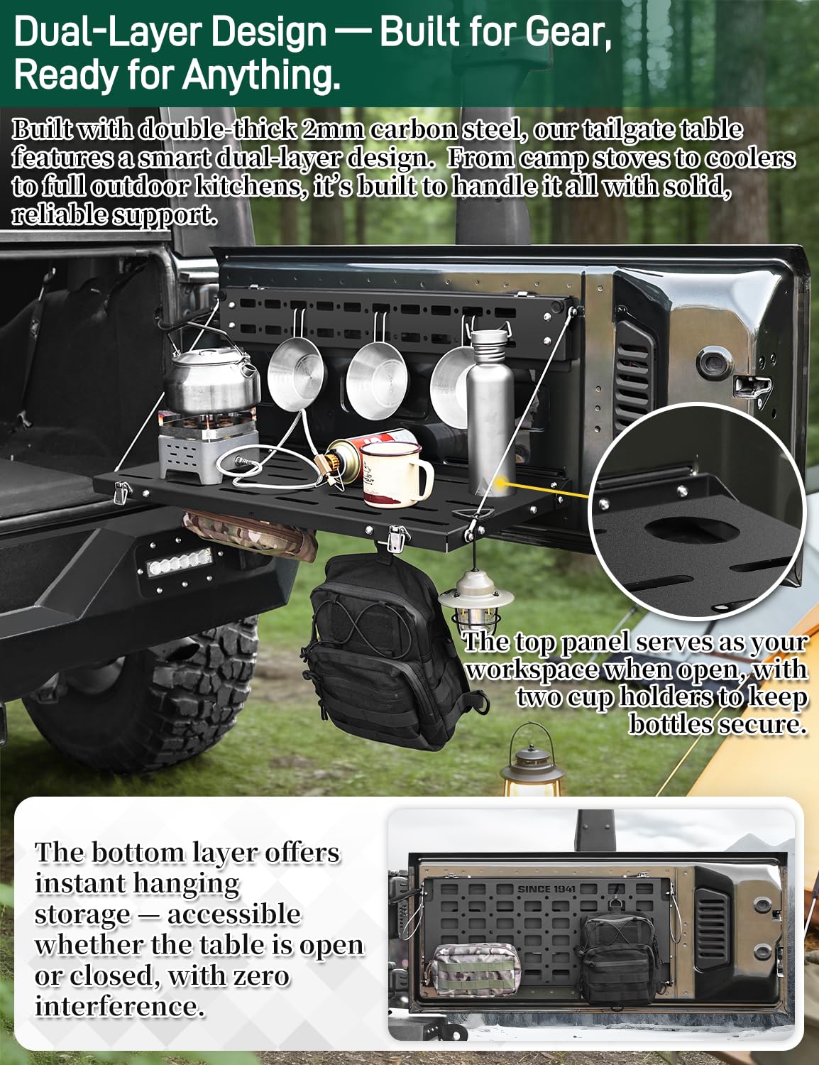 JROAD No-Drill Tailgate Table for Jeep Wrangler JK 2007-2018,Foldable Jeep JK Tailgate Storage Cargo Rack with MOLLE Panel,Heavy Duty 88 lbs Capacity,Not Fit Trunk with Factory Subwoofer