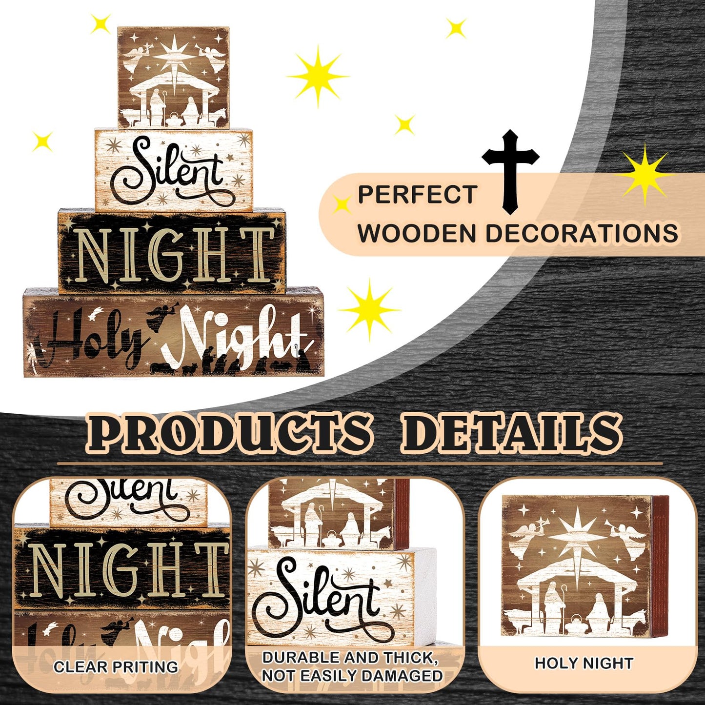 Moucuny 4 Pcs Wooden Christmas Nativity Table Sign Wooden Holy Night Decorative Signage Xmas Tiered Tray Decor Winter Centerpieces Farmhouse Block Set Xmas Table Sign for Home