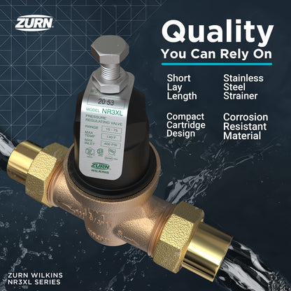 Zurn Wilkins 3/4" NR3XL Water Pressure Reducing Valve Integral By-pass Check Vlv & Strainer High Range, Sealed Cage, Double Union