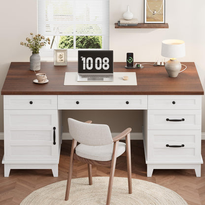 GAOMON 60in Wooden Executive Desk with 5 Drawers, Office Desk Computer Table with Charging Station, Farmhouse Home Office Desk with File Cabinet Storage, for Study and Home Office, White Walunt
