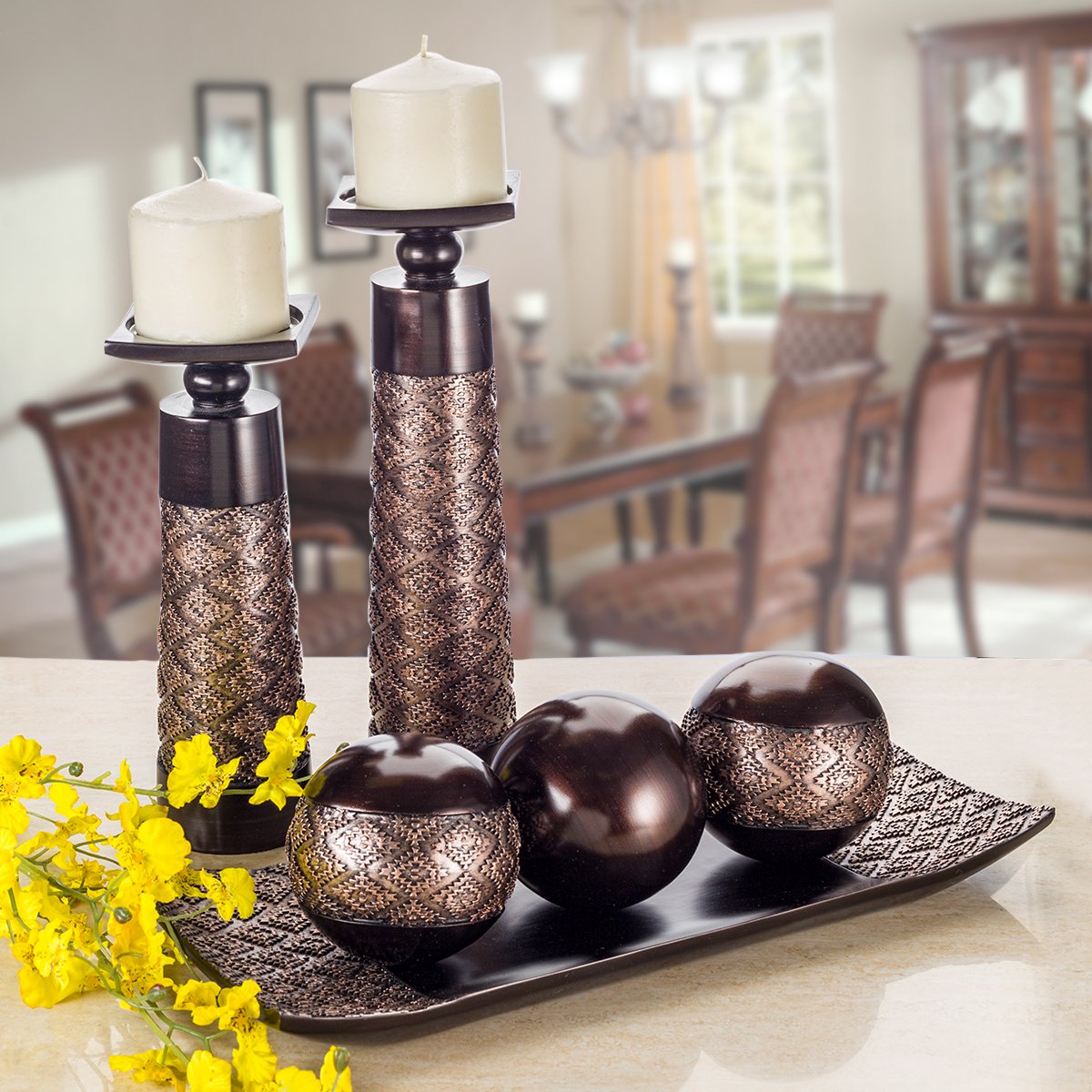 Creative Scents Dublin Brown Home Decor Tray with Orbs Set and Matching Candle Holder Set of 2 - Coffee Table Mantle Decor Centerpiece