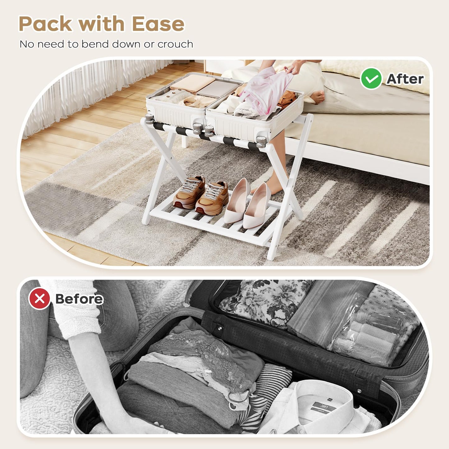 Oakvora Luggage Rack for Guest Room - Set of 2 Full Assembled 26.77" L Luggage Rack Stand for Suitcases, Foldable Luggage Holder with Shoe Shelf for Bedroom, Hotel (White Bamboo Suitcase Stands)