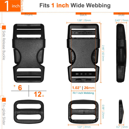 1" Straps and Buckles Set: 6 yard Nylon Webbing 1 inch (25 mm) Wide, 6 pack Side Release Buckle, 12 pcs Tri-Glide Sliders, Plastic Clip Quick Fastener Replacement Heavy Duty Dual Adjustable No Sew