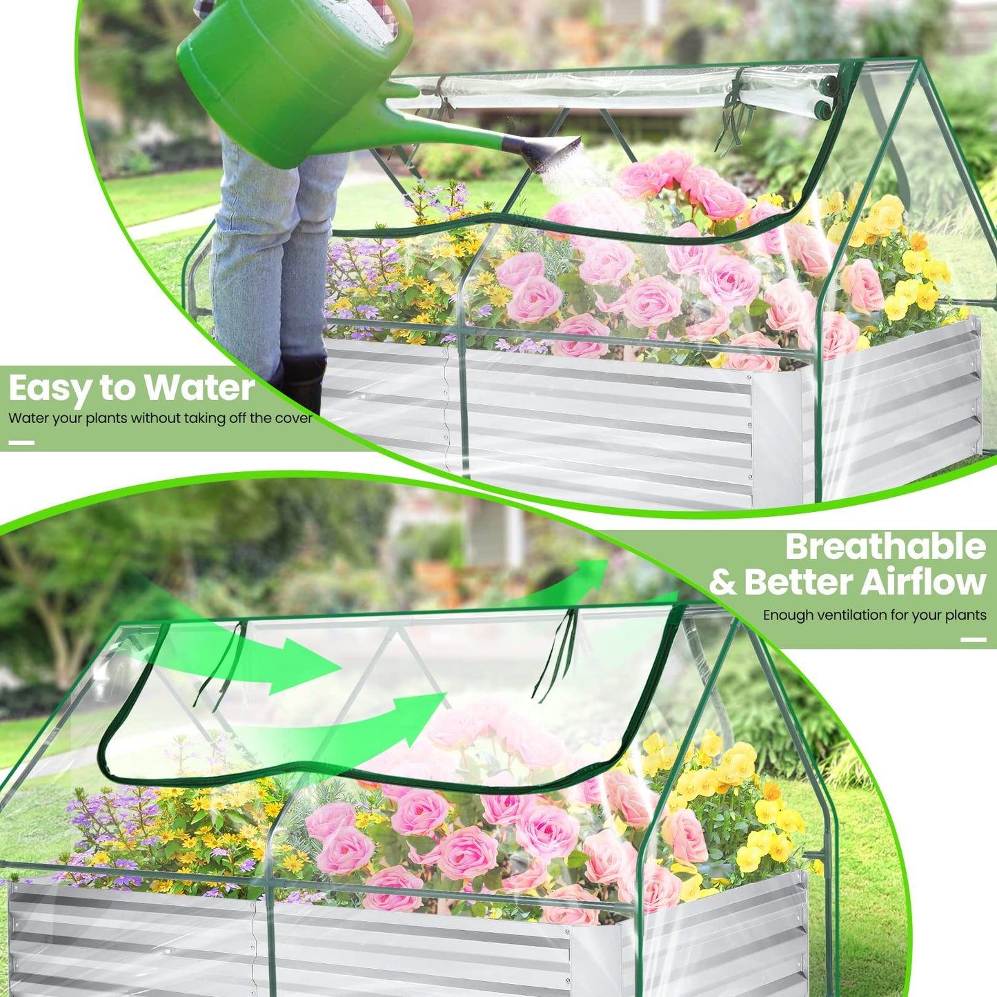 6x3x3ft Galvanized Raised Garden Bed with Cover, Extra-Thick Metal Planter Box Kit w/ 2 Roll-Up Large Screen Windows Mini Greenhouse &1 Pair of Gloves for Growing Vegetables Fruits Flower, Clear