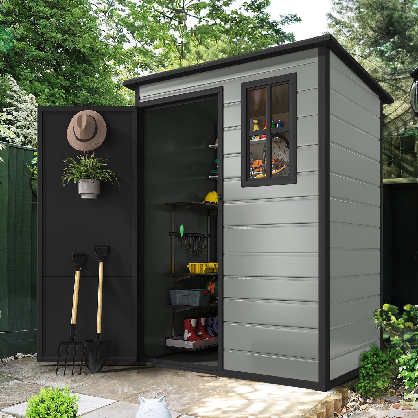DWVO 5x3ft Resin Outdoor Storage Shed with Floor, Waterproof Lockable Storage Shed with Window, Plastic Outside Tool Storage for Garden, Backyard Patio