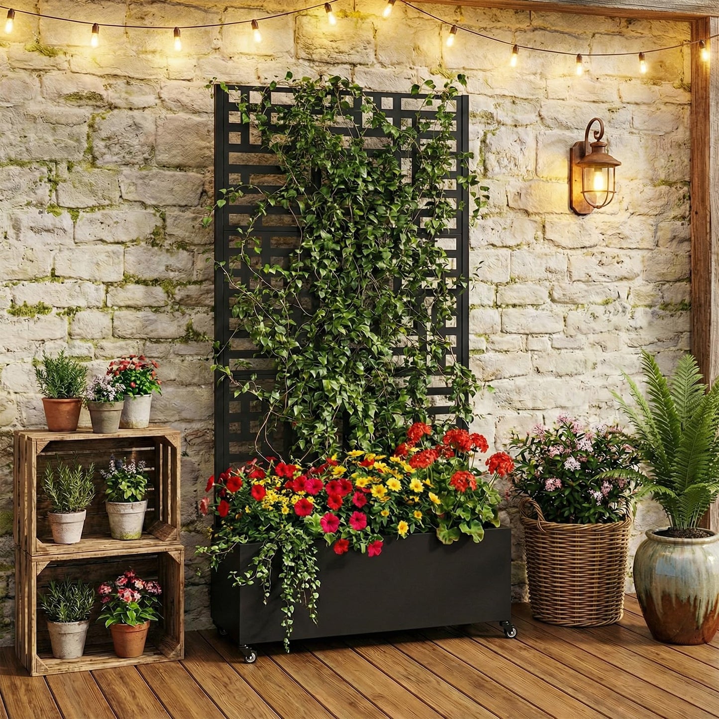 Hubxinly 70.87x35.43x15.75 Inch Metal Planter Box with Trellis and Wheels Privacy Screen Planter with Drainage Holes Outdoor Garden Box for Climbing Plants Vine