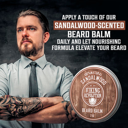 Viking Revolution Sandalwood Beard Balm for Men (2oz) and Sandalwood Beard Oil (1 fl oz) Bundle - With Argan and Jojoba Oils - Soften and Moisturize - Stocking Stuffers for Men