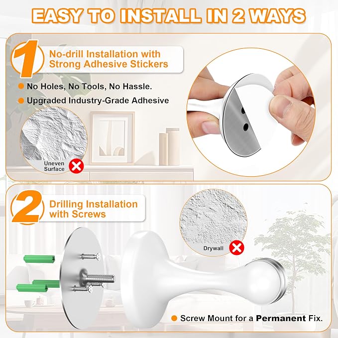 Crosize Magnetic Door Stoppers 2 Pack, Stainless Steel Door Stops for Wall and Floor Mounting, Door Holder Keep Door Open, No Drilling Door Stop with Adhesive Tapes, White