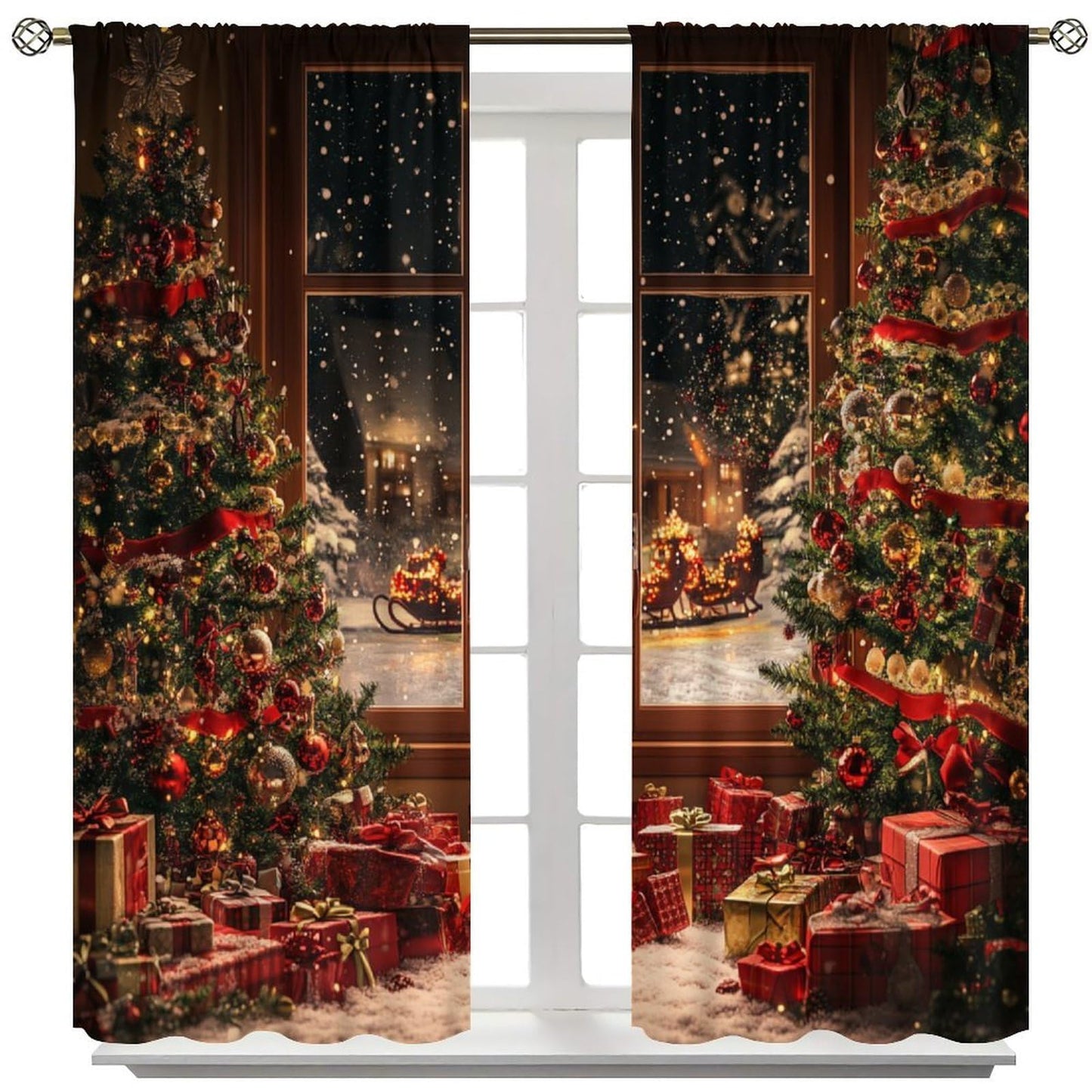 Merry Christmas Curtain Christmas Tree Gift Sled Winter Holidays Snowflake for Living Room Bedroom Decor Window Drapes 42" W X 45" L