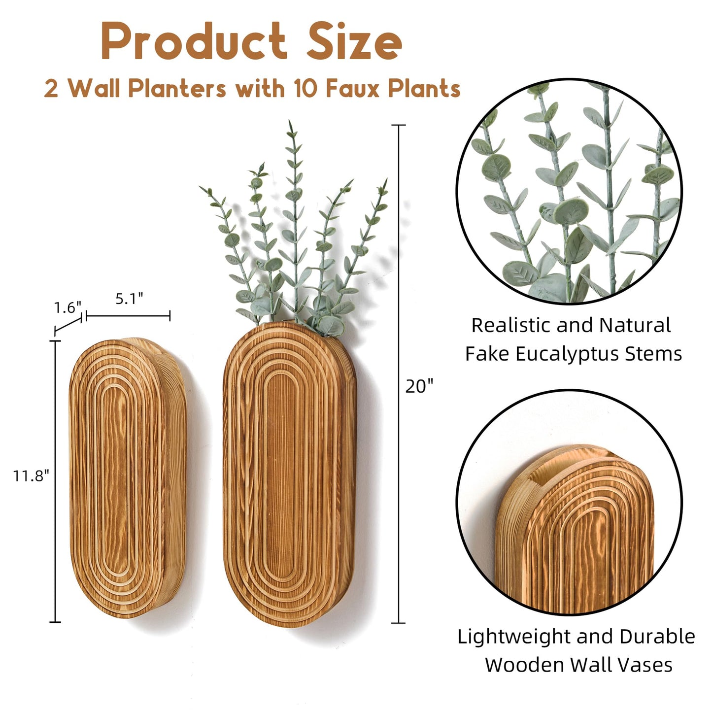 Mokof 2 Pack Carved Wood Wall Planters with Fake Eucalyptus Stems for Wall Decor - Boho Wooden Wall Art for Living Room, Bedroom, Bathroom (Brown)