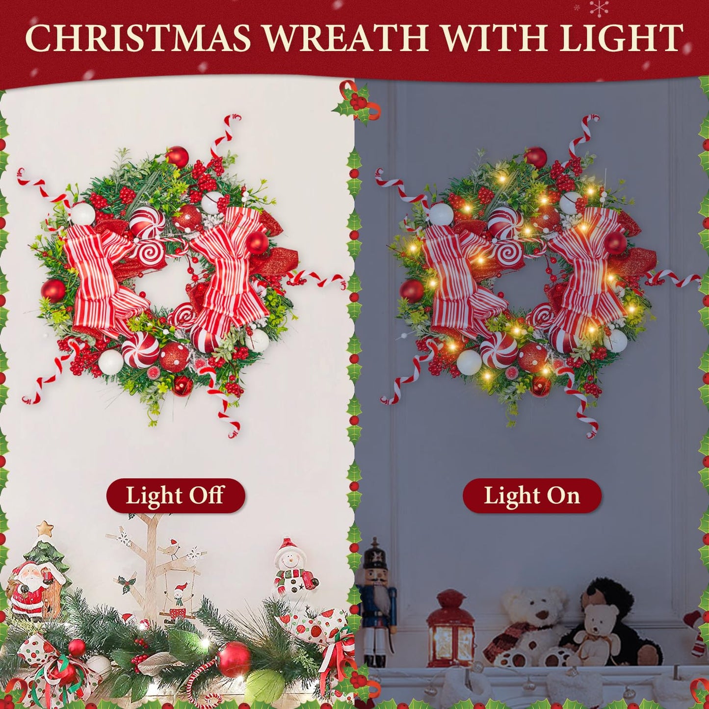 Christmas Wreath, 17-24 Inch Christmas Wreaths for Front Door with Lights Balls Red Bows Candy Canes Berries Pine Needles Greenery Wreath Xmas Decoration Ornaments Rustic Wall Porch Home Party Decor