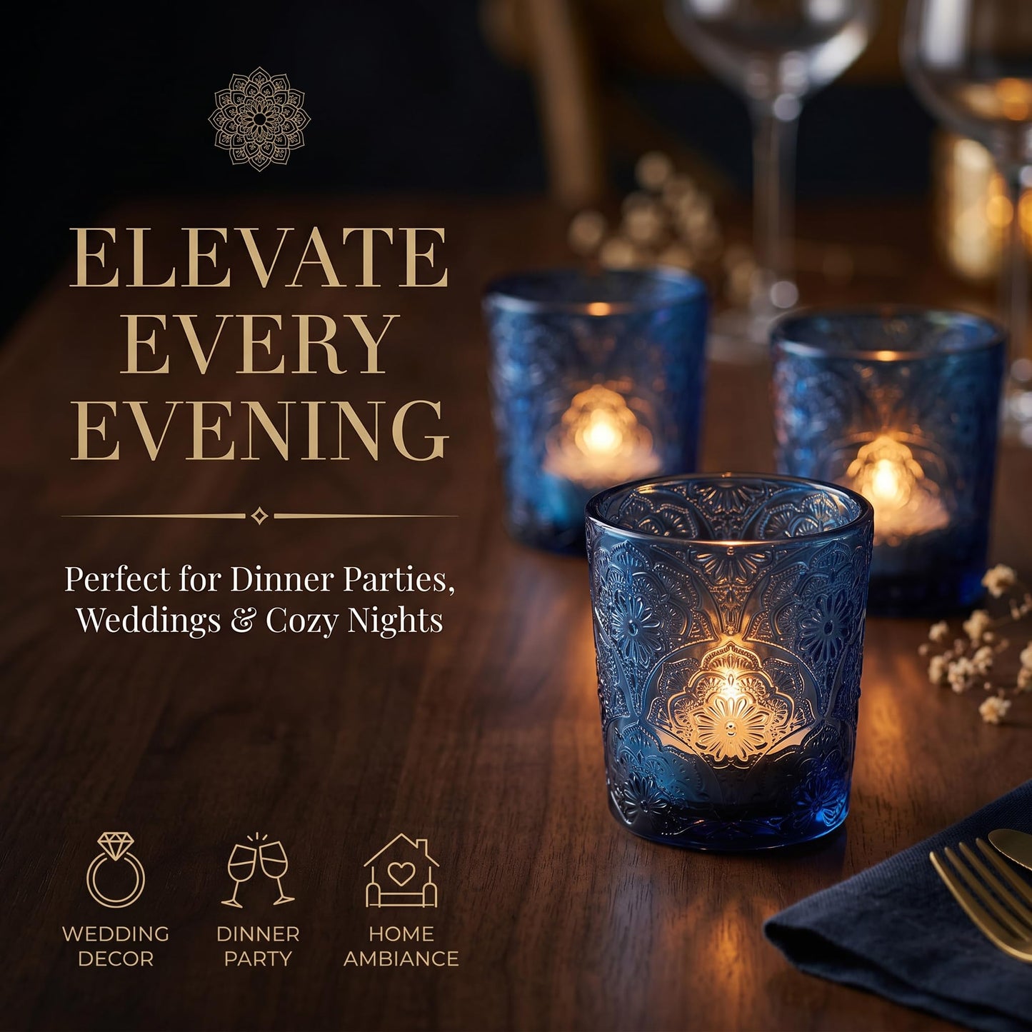 12 Pack Mandala Embossed Glass Candle Holders – Votive Tealight Holders with Patent Design, Decorative Embossed Glass Cups for Wedding Centerpieces, Parties, and Home Décor (Ocean Blue)