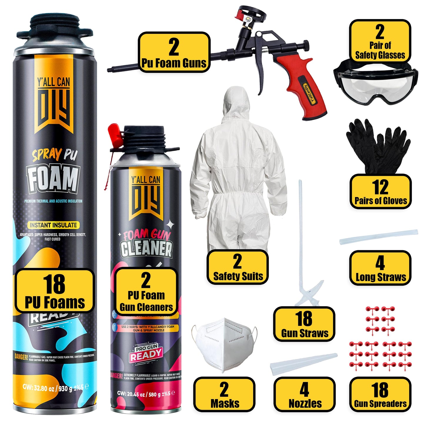Spray Foam Insulation Kit for Walls & Attic -18 Pack Foam Insulation Spray - 360 Board ft/sq.ft. Heat & Sound Control, Energy Saving, Seal Gaps & Cracks Complete Kit (18x32.8 oz)