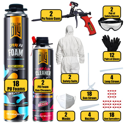Spray Foam Insulation Kit for Walls & Attic -18 Pack Foam Insulation Spray - 360 Board ft/sq.ft. Heat & Sound Control, Energy Saving, Seal Gaps & Cracks Complete Kit (18x32.8 oz)