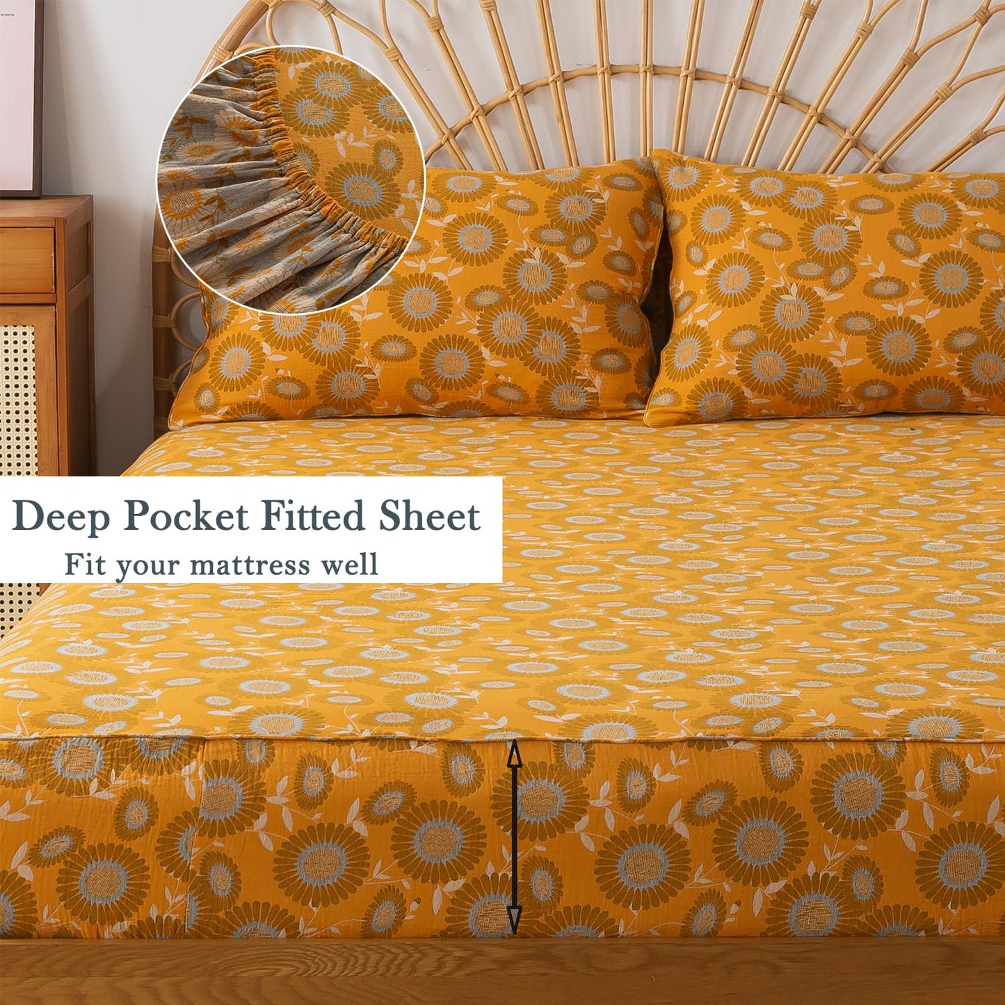 FADFAY Double Gauze 100% Cotton Queen Sheets Set Floral Bed Sheets Deep Pocket Fitted Sheet, Luxury Sunflower Pattern Shabby Vintage Countryside Style Bedding 4Pcs