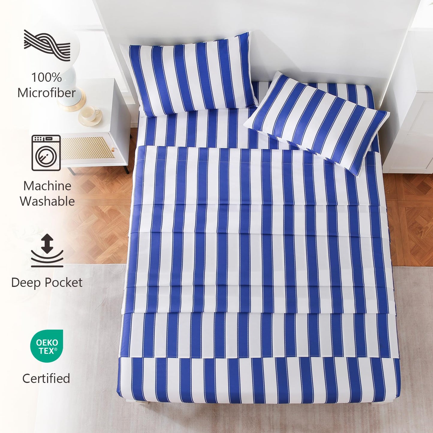 MCO 4Pieces Striped Sheets Set, Breathable King Sheet Set with 16" Deep Pocket,Modern & Luxury, Brushed Microfiber Bedding Set(King, Navy Blue)