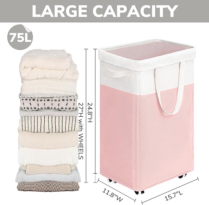 Goodpick Laundry Basket with Wheels 2-Pack, 75L Tall Clothes Hamper, Large