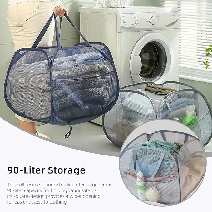 Collapsible Laundry Basket 90L, Foldable Mesh Pop-up Laundry Hamper