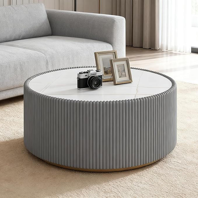29.52" Round Marble Coffee Table, Modern Fluted Coffee Table w/White Sintered