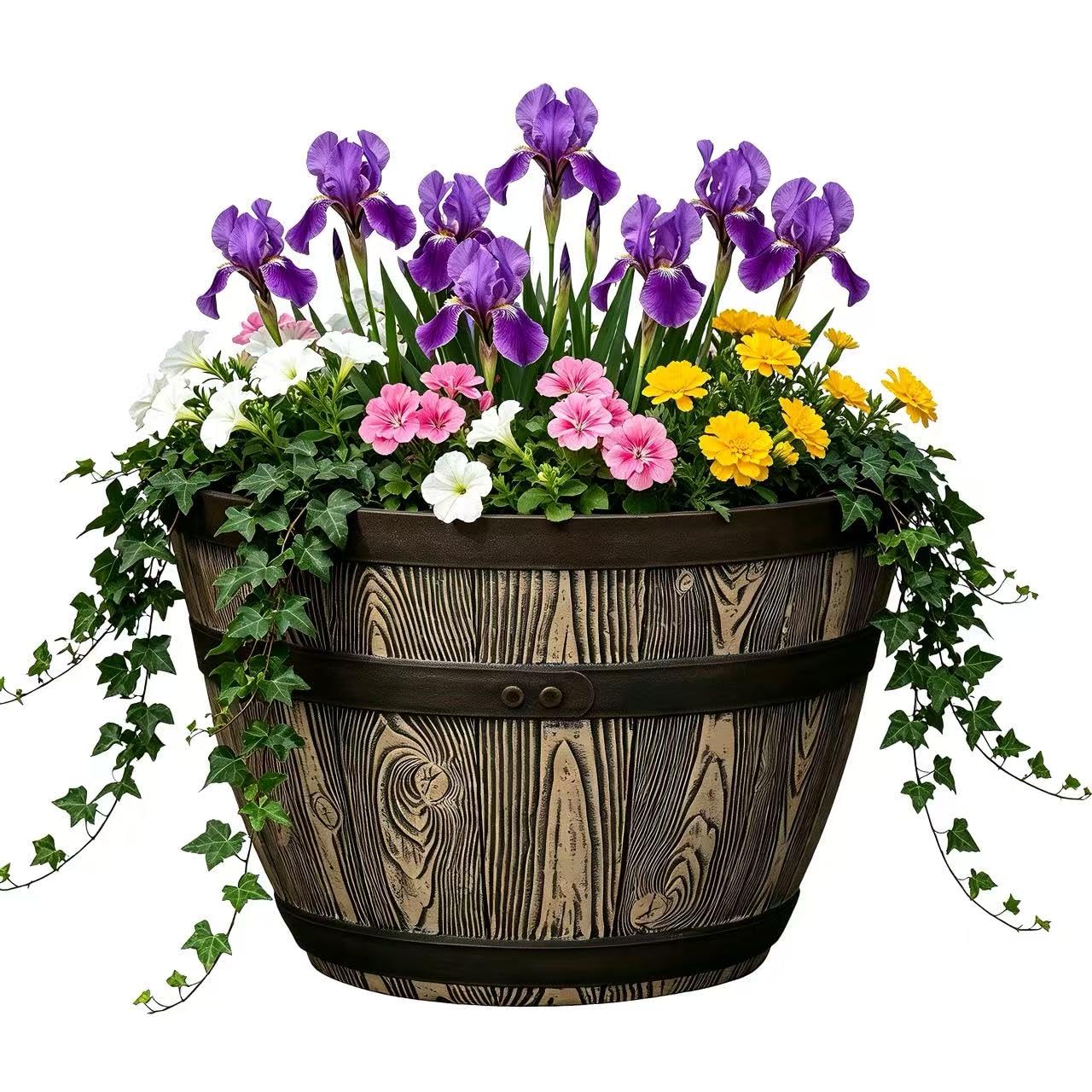 19.9 Inch Rustic Whiskey Barrel Planter - Durable Lightweight Plastic Plant Pot with Easy Knock-Out Drainage Holes, Indoor/Outdoor Barrel Planter for Outdoor Plants