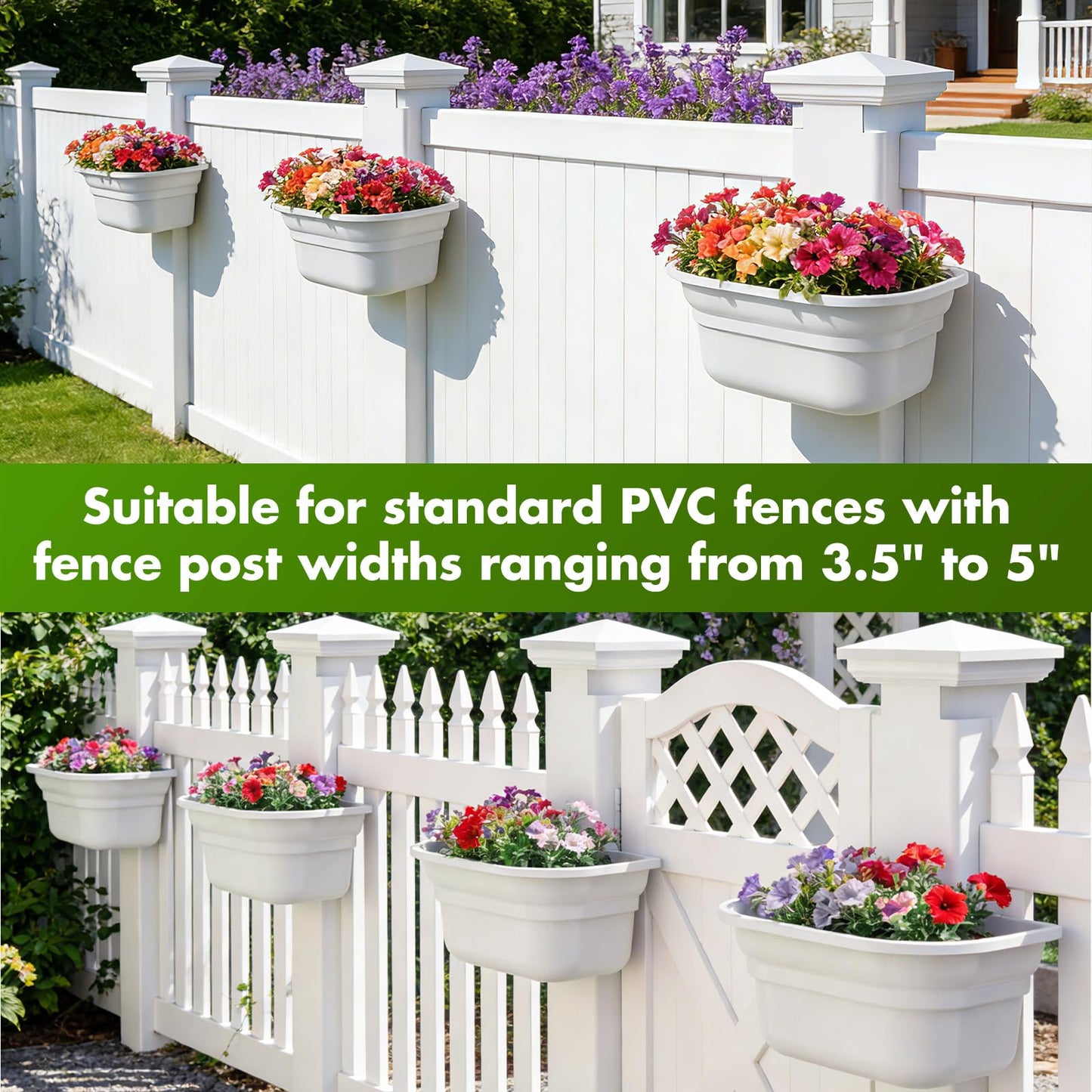 Maixinbuy Hanging Planters for Outdoor Plants - Fence Hanging Planters for PVC Fence, Plant Hangers Hanging Plant Flower Pots White with Post Caps for Garden Yard Decor, Easy Install - 4 Pack