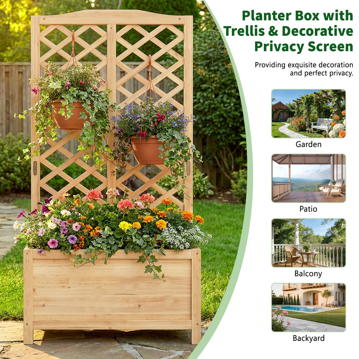 UrGROWA Wooden Raised Garden Bed with Trellis, Freestanding Planter Box with Drainage for Vines Climbing Plants Flowers Herbs, Elevated Gardening Planter for Backyard Balcony Patio