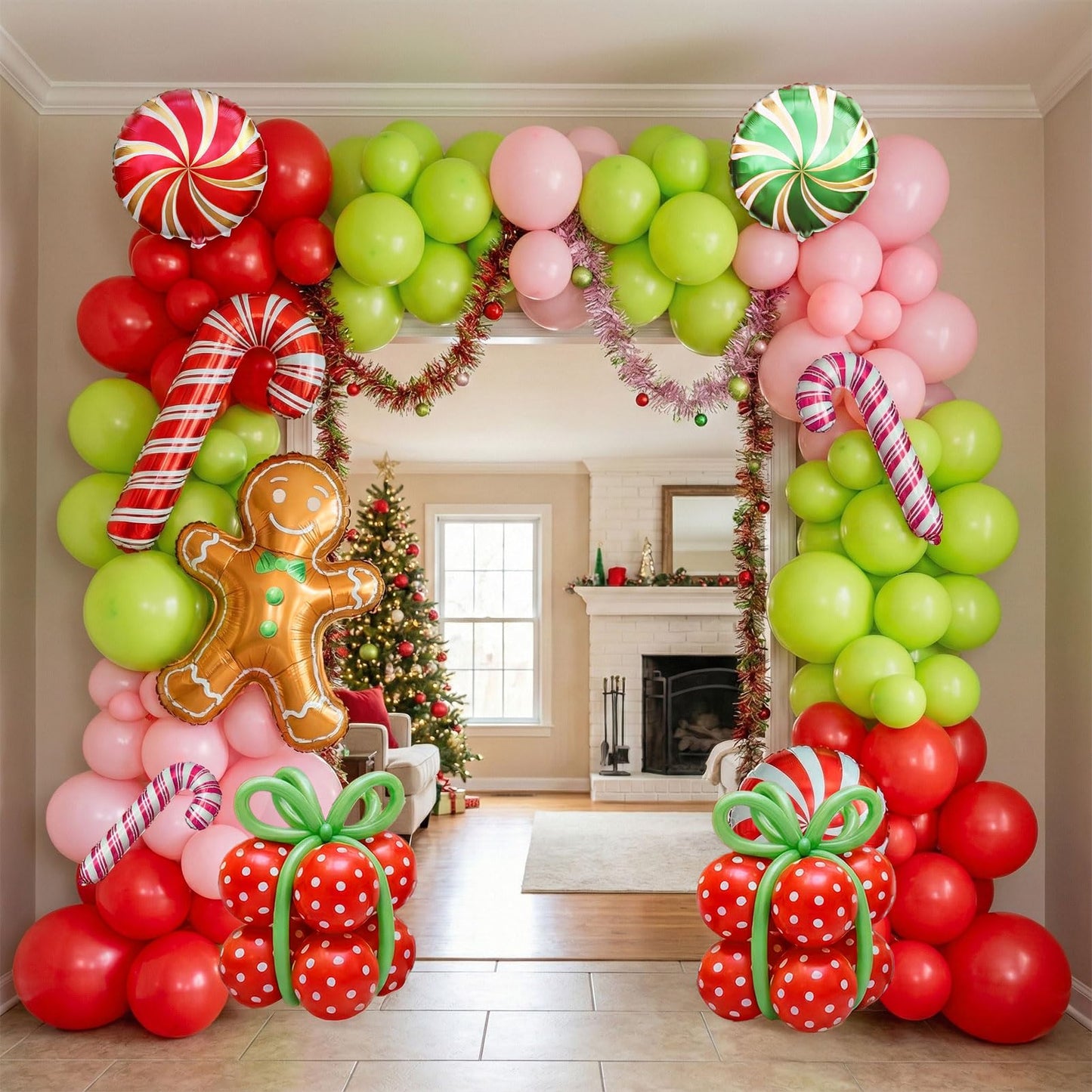143 Pcs Christmas Balloons Garland Arch Kit with Xmas Red Pink Green Balloons Candy Cane & Swirl Foil Balloons for Holiday Party Decorations Xmas Backdrop Birthday Party Supplies